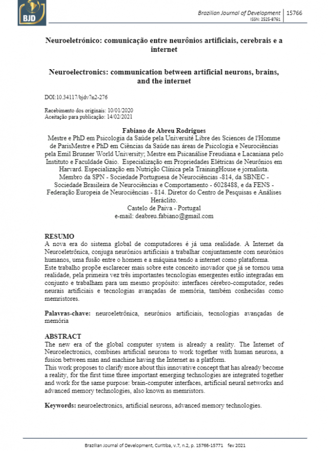 Neuroeletrónico: comunicação entre neurônios artificiais, cerebrais e a internet