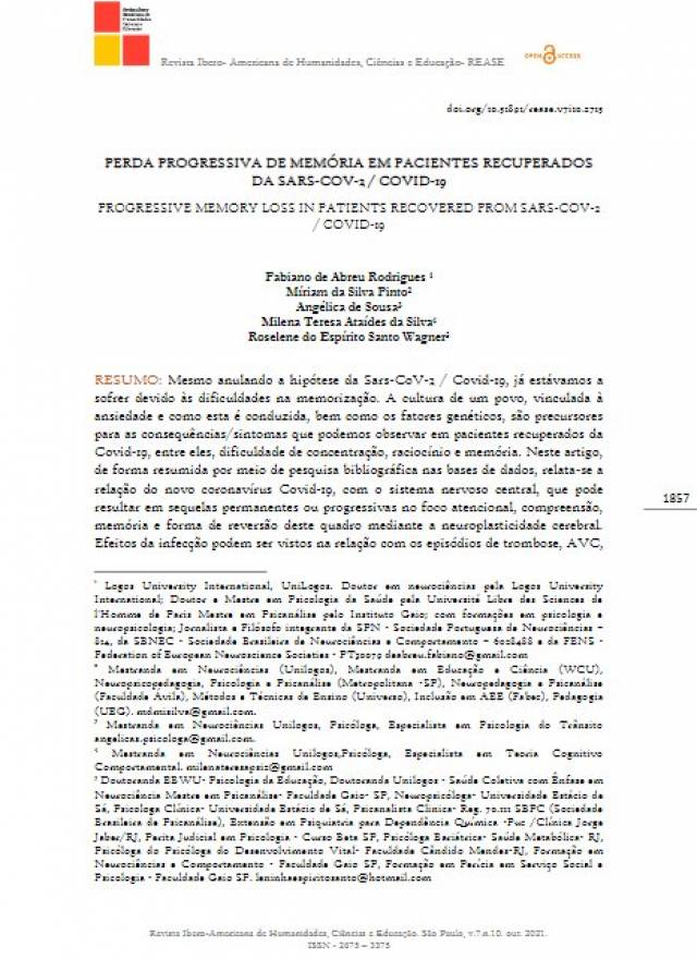 PERDA PROGRESSIVA DE MEMÓRIA EM PACIENTES RECUPERADOS DA SARS-COV-2 / COVID-19