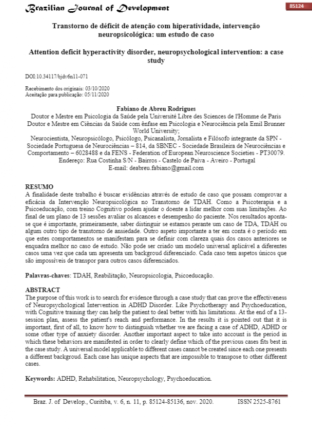 TRANSTORNO DE DÉFICIT DE ATENÇÃO COM HIPERATIVIDADE, INTERVENÇÃO NEUROPSICOLÓGICA: UM ESTUDO DE CASO