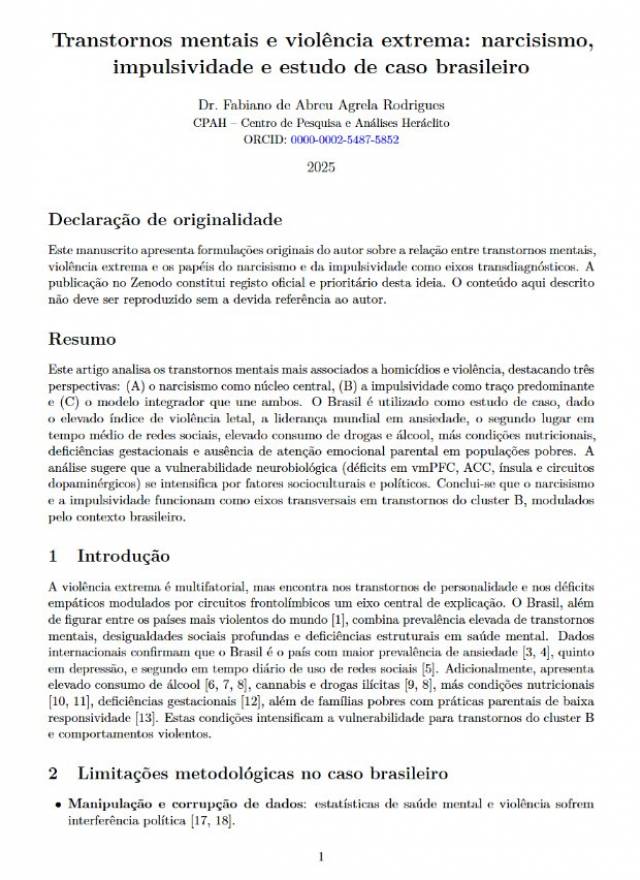 Transtornos mentais e violência extrema: narcisismo, impulsividade e estudo de caso brasileiro