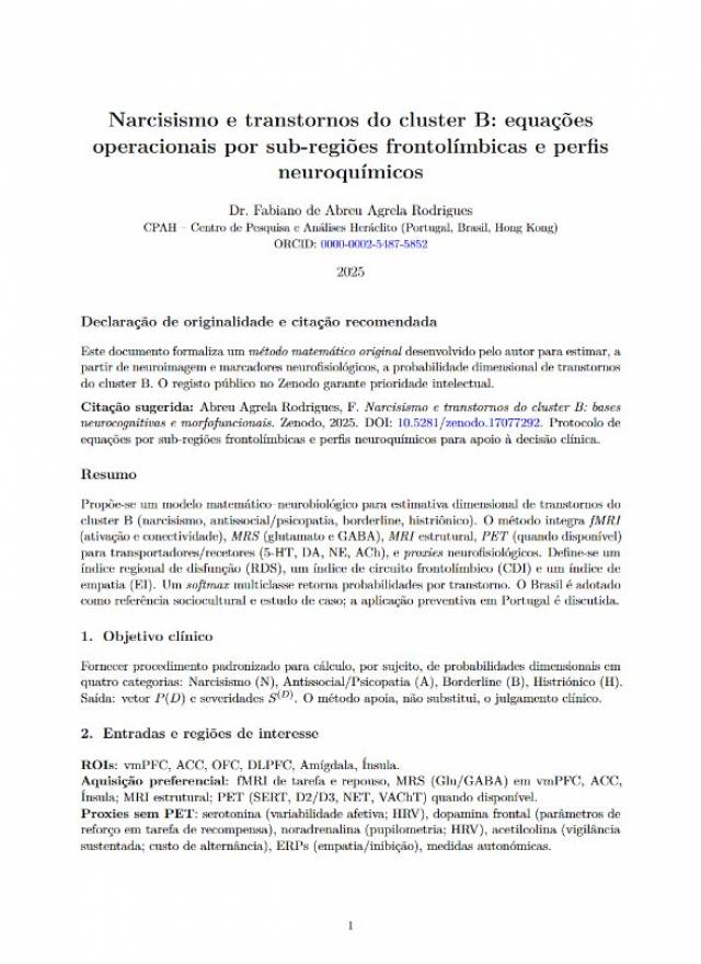 Narcisismo e transtornos do cluster B: equações operacionais por sub-regiões frontolímbicas e perfis neuroquímicos