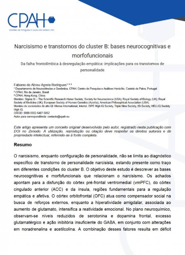 Narcisismo e transtornos do cluster B: bases neurocognitivas e morfofuncionais
