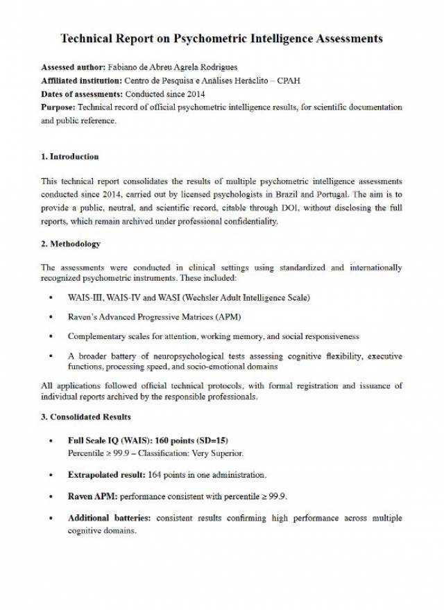 Technical Report on Psychometric Intelligence Assessments – Fabiano de Abreu Agrela Rodrigues